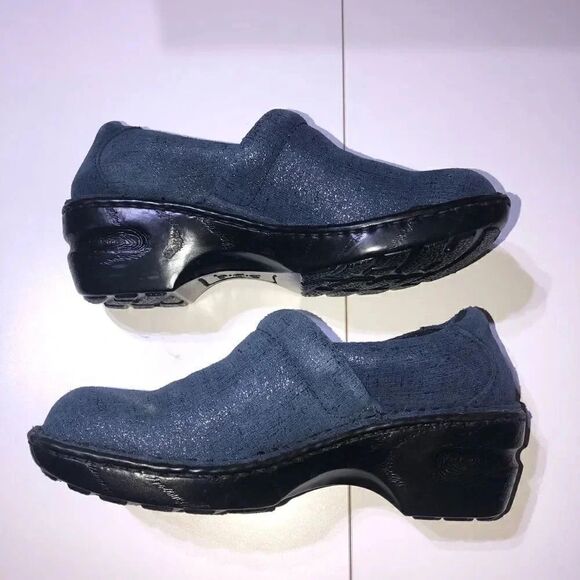 B.O.C. Blue Shimmer Slip On Clog Wedge Sneaker With Woodgrain Heel Size 6 - Picture 3 of 8